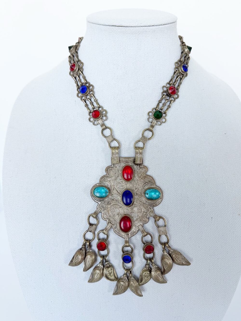 Vintage Afghan Kochi Tribal Necklace Exotic Silver Multicolor Stones Statement